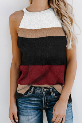 Wine Red Color Block Knitted Tank Top