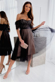 Black Dotted Lace Mesh Off Shoulder Evening Dress