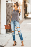 Gray Broken Hole Detail Sleeveless Crew Neck Tank Top