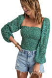 Green Square Neck Puff Sleeve Floral Smocked Top