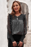 Black Smocked Ruffle Trim Blouse