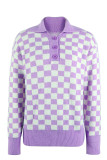 Plaid Checked Turndown Collar Button Sweater