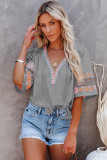 Gray Tassel Drawstring Embroidered Half Sleeve V Neck Top