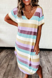 Striped Color Block V Neck T Shirt Midi Dress