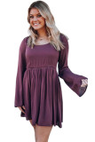 Purple Buttoned Sheer Lace Back Long Sleeve Dress