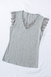 Gray Lace Crochet Ribbed V Neck Tank Top