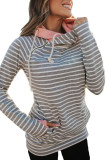 Striped Cowl Neck Hoodie with Pocket