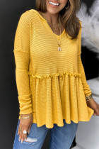 Yellow V Neck Drop Shoulder Hooded Flowy Top with Frill