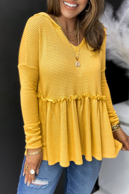 Yellow V Neck Drop Shoulder Hooded Flowy Top with Frill