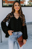 Black V Neckline Lace Shoulder Patchwork Blouse