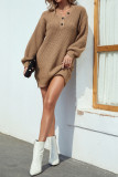 Lantern Sleeve V Neck Button Sweater Dress