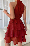 Plain Texture Halter Tiered Mini Dress