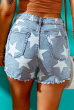 Light Blue Star Print Frayed Mid Waist Denim Shorts
