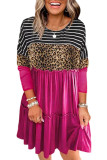 Rose Leopard Striped Patchwork Ruffled Long Sleeve Dress