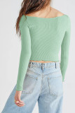 Plain Rib Knit U Neck Frill Long Sleeves Crop Top