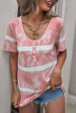 Red Buttoned Tie-dye Short Sleeve Top