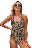Leopard Scoop Neck High Cut One-piece Swimsuit with Sash