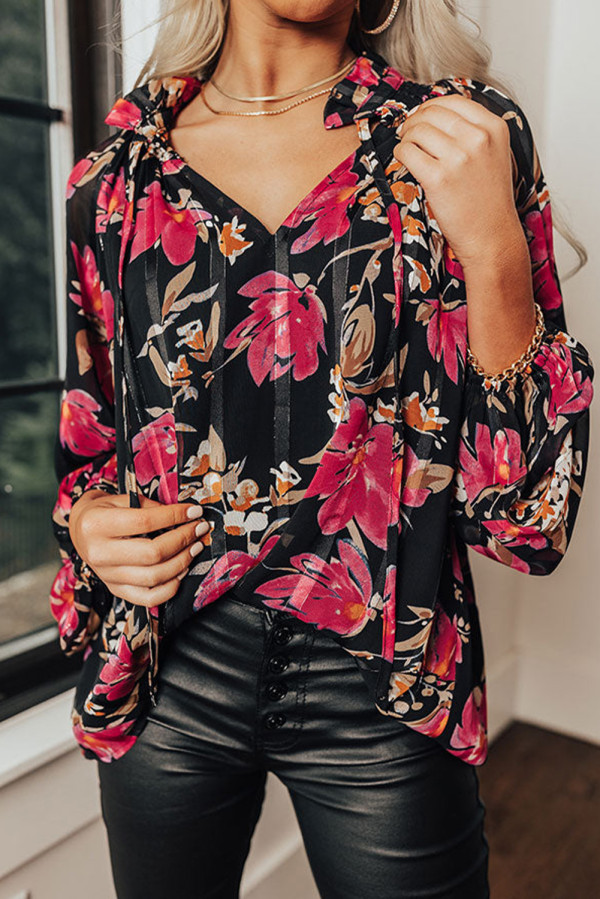 Black Ruffled Collar Floral Blouse