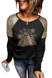 Leopard Christmas Tree Print Sequin Patchwork Pullover Shirt