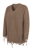 Ripped Raw Edge V Neck Plain Knit Sweaters