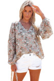 Multicolor Floral Print V Neck Long Puff Sleeve Top
