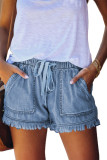 Sky Blue Casual Pocketed Frayed Denim Shorts