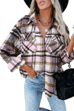 Pink Geometric Plaid Print Pocketed Shirt