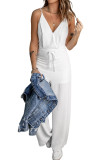 Solid Spaghetti Strap Wide Leg Drawstring High Waist Jumpsuit