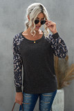 Gray Leopard Patch Ribbed Loose Long Sleeve Blouse