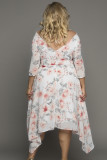 White Plus Size Crewneck Half Sleeve Floral Midi Dress