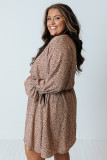 Khaki Plus Size Ruffled Long Sleeve Animal Spotted Print Dress