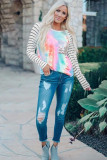 Sequin Pocket Tie-dye Panel Striped Sleeve Top