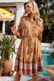 Orange Boho Floral Print Bishop Sleeve Mini Dress