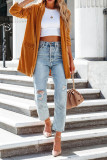 Plain Velvet Front Open Coat with Pockets