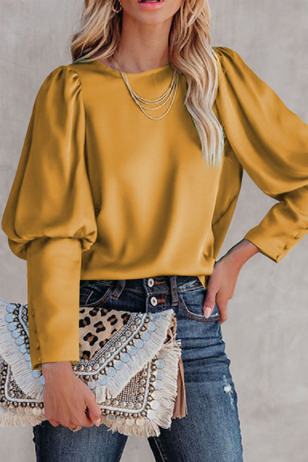 Yellow Satin Cuffed Sleeve Long Sleeve Top