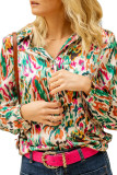 Green Abstract Print Button Up Long Sleeve Shirt