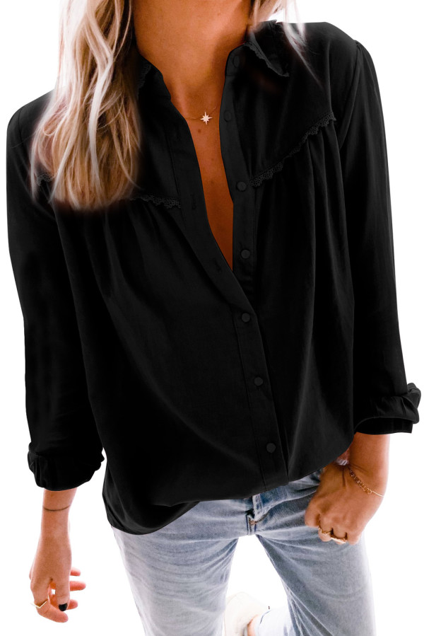 Black Plain Pleated Bust Cuffed Sleeves Shirt