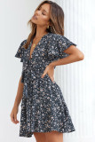 Blue Floral Print Tie Knot Ruffled Short Sleeve Mini Dress