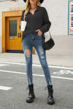 V Neck Turndown Collar Long Sleeve Sweater