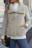 Apricot Zipper Design Ribbed Fleece Sweatshirt