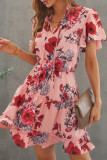 Pink Floral Print Split Neck Flutter Sleeve Flowy Tunic Mini Dress