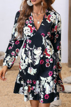 Floral Print V Neck Ruffle Dress
