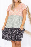 Floral Print Color Block V Neck Plus Size Shift Dress