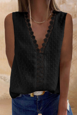 Black Crochet V Neck Textured Tank Top