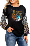 Black Fall Pumpkin Graphic Leopard Striped Sleeve Top