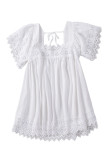White Lace Pom Pom Splicing Square Neck Blouse