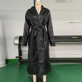 Plain Waist Tie PU Leather Long Coat