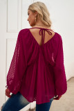Swiss Dot Lace-up V Neck Long Sleeve Top