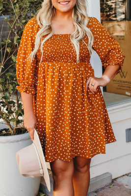 Yellow Boho Dotted Print Smocked Bust Plus Size Dress