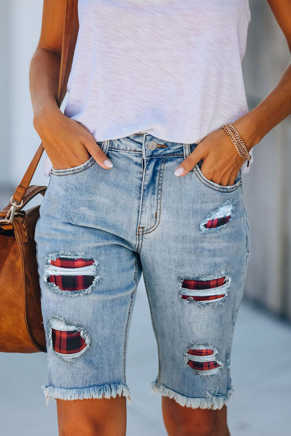 Mid-rise Ripped Plaid Patches Denim Bermuda Shorts